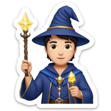 mach mir einen fitness typen in einem zauberer outfit mit schwarzen harren und ein leuchtendem zauberstab sticker