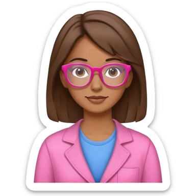 Mujer jóven, profesora de educación, con el pelo castaño suelto, piel morenita, gafas de color rosado y ropa cómoda sticker