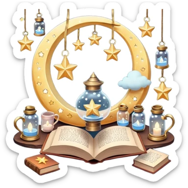  crescent moons, stars with ribbons, tiny clouds, crystal bottles, cozy mugs, mini lanterns, and floating books. Smooth textures, soft magical lighting, realistic shadows, very detailed, high-resolution, dreamy and enchanting aesthetic, super cute and charming." sticker
