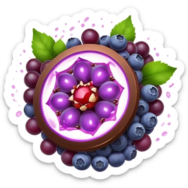Blueberries, pomegranate, purple grapes, dark chocolate, and green tea leaves floating in a bright purple vortex. A glowing shield surrounds cells, dissolving dark shadow particles representing free radicals. The protective light extends throughout the body, showing antioxidants' protective effects. sticker