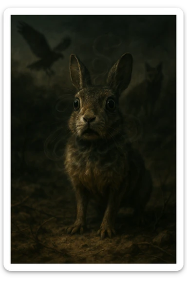 A hyperrealistic, cinematic illustration of a small wild animal, such as a rabbit or a meerkat, with wide, alert eyes and tense body posture, standing in a dry, rugged environment with predators lurking in the shadows. The animal's chest is visibly rising and falling rapidly, representing short, shallow breathing due to constant fear and vigilance. The background is dimly lit, with faint shadows of predators like hawks or foxes barely visible, symbolizing the ever-present threat. Around the animal, subtle visual representations of tension and stress appear as tight, dark rings or smoke near its chest and head, while the environment feels heavy and oppressive. The color palette is muted earth tones, with sharp focus on the animal’s tense face and rapidly moving chest, while the environment around is slightly blurred, emphasizing the feeling of isolation and perpetual fear. The style is 35mm film hyperrealistic with a storytelling, National Geographic documentary aesthetic, capturing the concept of an animal constantly living in fight-or-flight, breathing fast and shallow to survive sticker