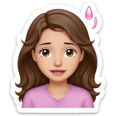 girl with wavy long brown hair, brown eyes, light to medium complexion, long lashes, light pink lipstick, wearing light pink shirt, smiling, crying big tears sticker
