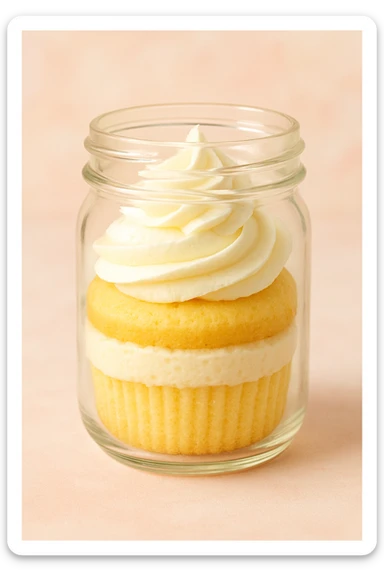 a vanilla cupcake in a transparent jar, layered look, light yellow cake, white frosting, playful and sweet sticker