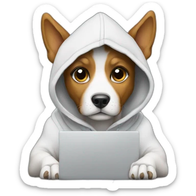 Dog with hoodie programming with paws on a laptop sticker