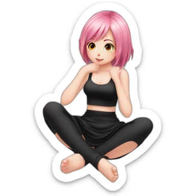 Full body Front view curvy emo girl pink hair sits on the floor straight view hands up black skirt полосатые рваные чулки sticker
