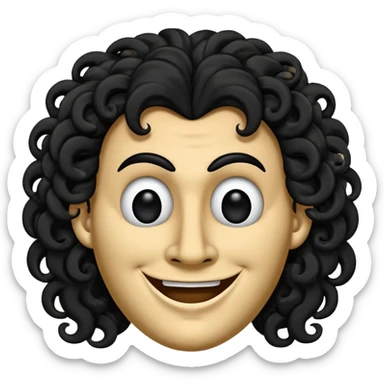generate theatre wooden mask emoji with a big curly black hair 

wide black coloured smile, long and pointy white nose with no nostrils, pitch black eyes sticker