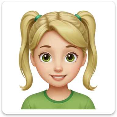 Cute female character, rounded face, big eyes, small nose, cheerful smile, ponytail, green shirt sticker