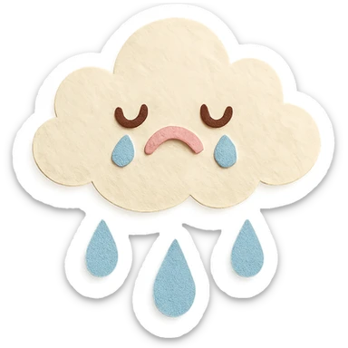 cute fluffy white cloud, crying blue raindrops, soft pastel palette, no arms or legs, full body, paper craft style sticker