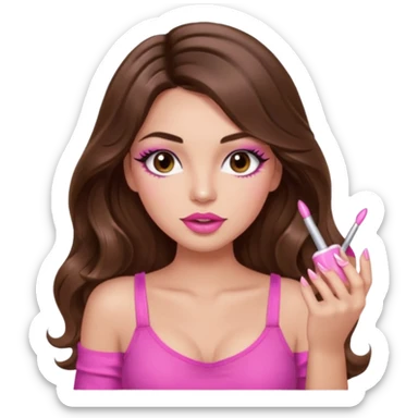girl with long wavy brown hair, brown eyes, light to medium complexion, in a pink sexy top, pink puckered lips, long lashes, showing a manicure sticker