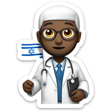 rabbin with Sidelocks holding israel flag in his hands while wearing a doctor white coat with a stethoscope white skin  sticker