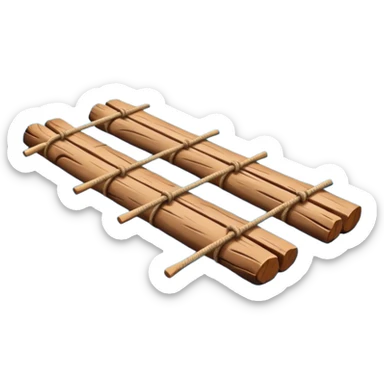 showing a simple wooden raft floating on calm blue water — made of several brown logs tied together with rope — gentle ripples around it — bright, cheerful lighting and soft shadows — minimalist, clean emoji design sticker