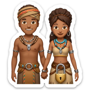 A happy tribal man holding hands with a happy tribal woman wearing a belt with a padlock sticker