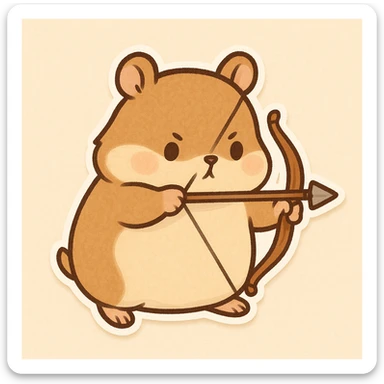 chubby hamster gripping a bow, ready to shoot, whimsical style sticker