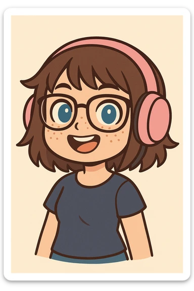 chibi woman with shoulder length choppy brown hair, pink gaming headset, freckles, glasses, and blue eyes sticker