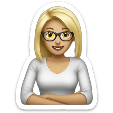 blonde woman with glasses on sofa with computer sticker
