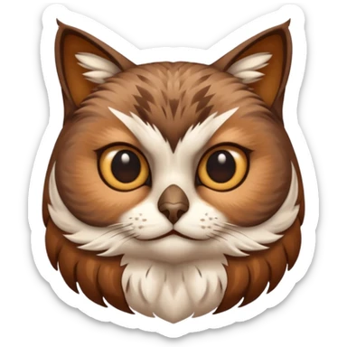 An cats head with a brown on top of the head of the cat the cats head infused with an white owls body with brown wings sticker