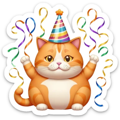 Fat orange cat with birthday hat and streamers sticker