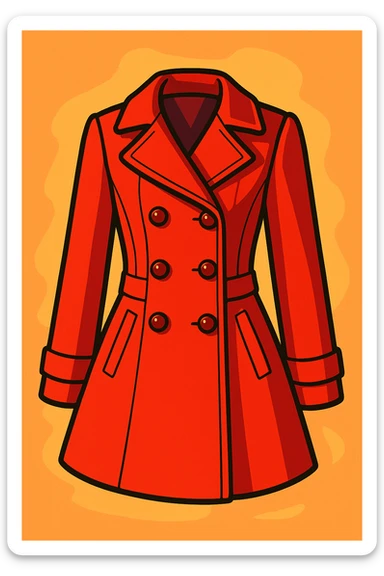 chic red pea coat for women, double-breasted, fashionable, vibrant toon style sticker