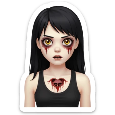 Crie um emoji de zumbi garota do iphone que tenha o cabelo preto longo, de cumprimento no peito, que tenha uma franja no tamanho da sobrancelha, com os olhos escuros e que use uma regata preta sticker