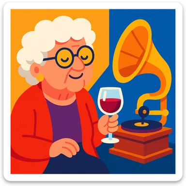 old lady with wineglass listening to gramophone sticker
