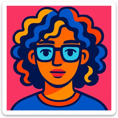 stylized portrait of a face with long curly hair and glasses, generation Z look, pop colors sticker