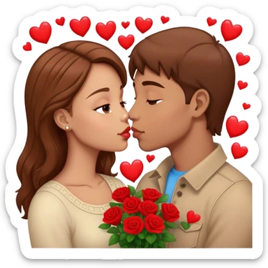 Hyper Realistic brown hair Couple kissing surrounded by red hearts and flowers  sticker