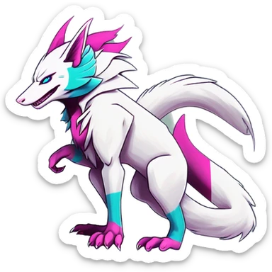 White elegant beautiful natural cute badass epic anthro modern albino sergal-vernid-Fakémon with cyan mane and magenta eyes with cyan edgy stripes, anthropomorphic, two-legged, digitigrade, full body sticker
