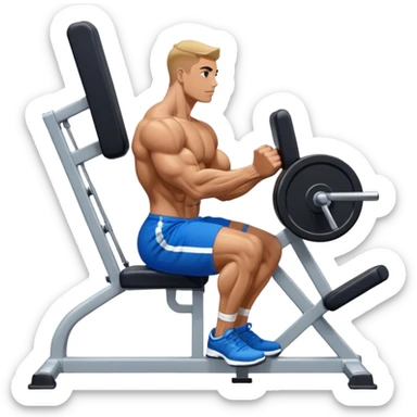 side-view bodybuilder in blue shorts seated weighted calf-raise machine on his tip toes sticker
