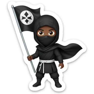 A ninja with black clothes holding a black flag with a white circle in the middle of the flag sticker