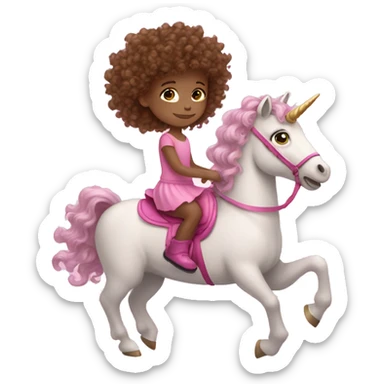 Brown curly hair light skin little girl riding a pink unicorn sticker