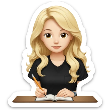 A beautiful blonde with long wavy hair in a black T-shirt sits and writes in a diary with a pen. sticker