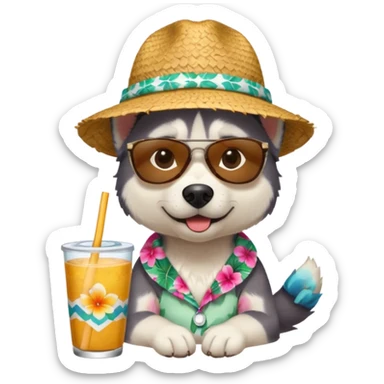 hasky with sunglasses and straw hat, hawaii shirt sticker