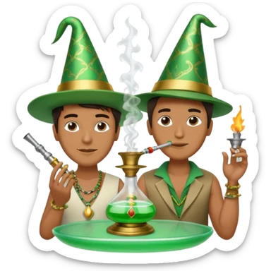 Brass hookah with green design on a glass water base on the top; with two smoke pipes where people are holding them and smoking m from the side all pouting on top sticker