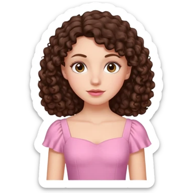 White girl with dark brown long 2C curly hair, brown almond shape eyes, small wide nose, natural lips. Cute clothnig sticker