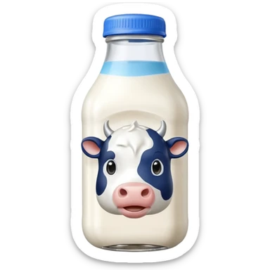 A 3D cartoon glass bottle of cow’s milk — white liquid, blue cap, clear reflections, Memoji-style rendering. sticker