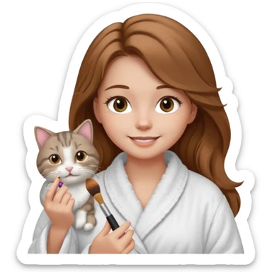 A image of a girl with light long brown hair wearing a bathrobe doing her makeup with her chubby grey tabby cat. She is smiling sticker