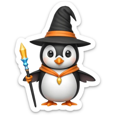 A penguin wizard with a pointy hat and a wand, looking magical and cute sticker