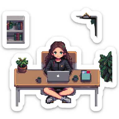 a girl sitting at a desk with a MacBook, focus on face and laptop, pixel art style sticker
