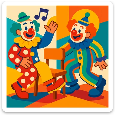 two clowns playing musical chairs, playful and colorful vibrant toon style sticker