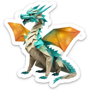Sparkling patterned Beige Origami dragon with a dried flower crown made of newspapers intricate patterns surrounded by fairy lights nebula galaxy stars swirls iridescent orange cyan yellow sticker