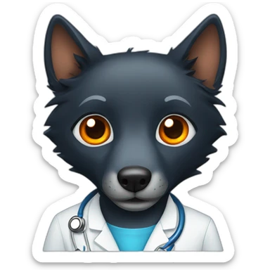 Black wolf with orange eyes wearing a blue doctor scrub sticker