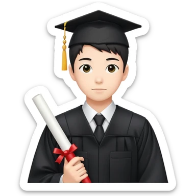Japanese high school boy at graduation ceremony wearing gakuran uniform holding diploma sticker
