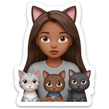 a pretty bratz dusky girl with long brown hair with four cats nd wearing a grey tshirt sticker
