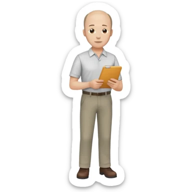 man, mid 40's shirt and trousers balding hairline, full body, standing, holding a clipboard sticker