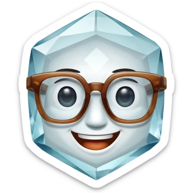 A single crystal gemstone character wearing glasses, chunky and irregular with faceted very sharp sides, smile, , high detail, soft lighting, centered on a plain dark background sticker