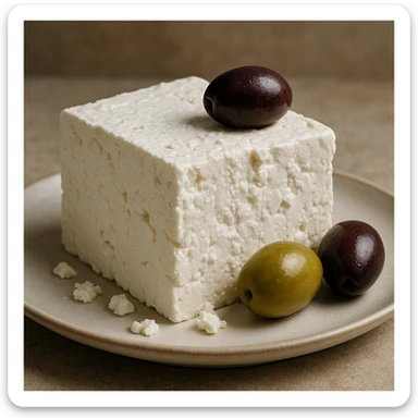 feta cheese, realistic style, white cheese block with crumbly texture, olive garnish, on a plate sticker