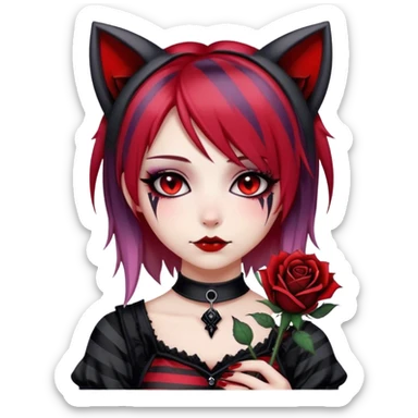 Bloody black rose anime gothic emo  beautiful gorgeous cool edgy cute lady with cat ears, gradient black-and-red-striped hair sticker