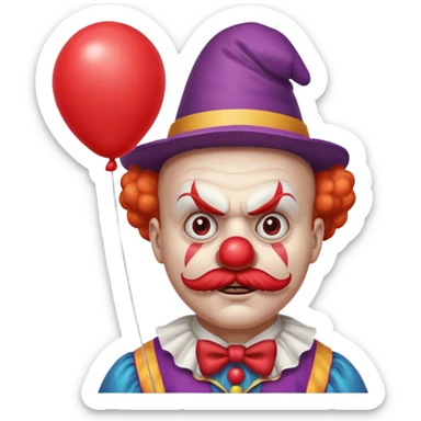 Angry clown — furrowed brow, mustache, tiny hat, hold balloon sticker