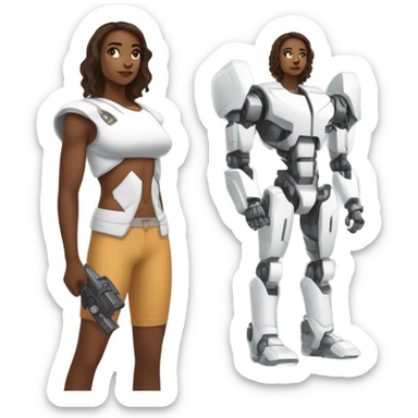 Uma menina jovem, musculosa, de cabelo castanho com uma mecha branca, pele branca, sardas e um top branco sticker