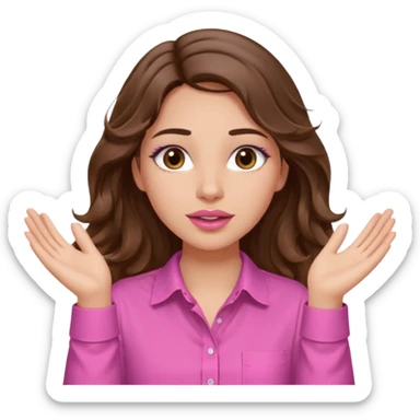 girl with long wavy brown hair, brown eyes, light to medium complexion, in a pink shirt, pink lips, long lashes, puckered lips, both hands all the way up with hands up to the sky sticker